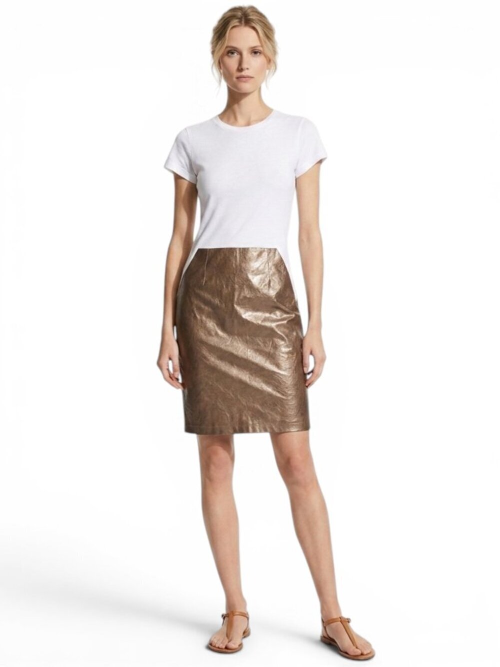 Jasmin Shokrian Ellsworth T Shirt Dress White Rose Gold Faux Leather Front S